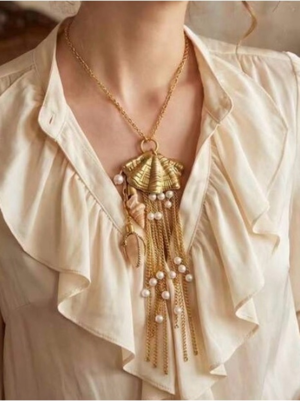 Gold Shell Tassel Necklace with Pearls - Elegant Women’s Jewelry